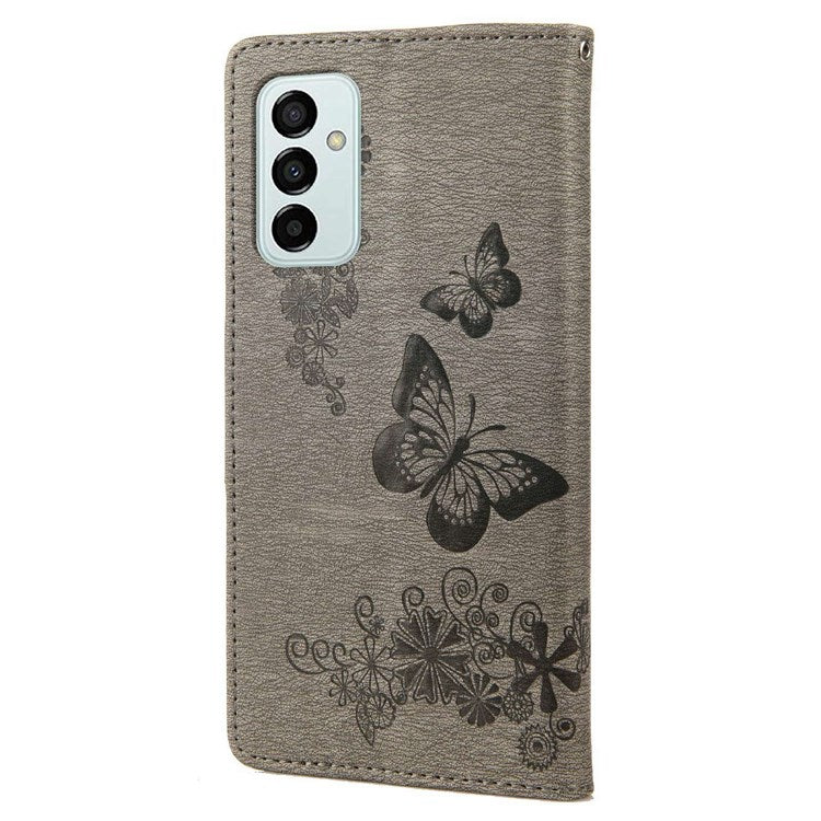 For Samsung Galaxy M23 5G/F23 5G PU Leather Butterfly Flower Imprinted Case Stand Wallet Design Protective Phone Cover - Grey