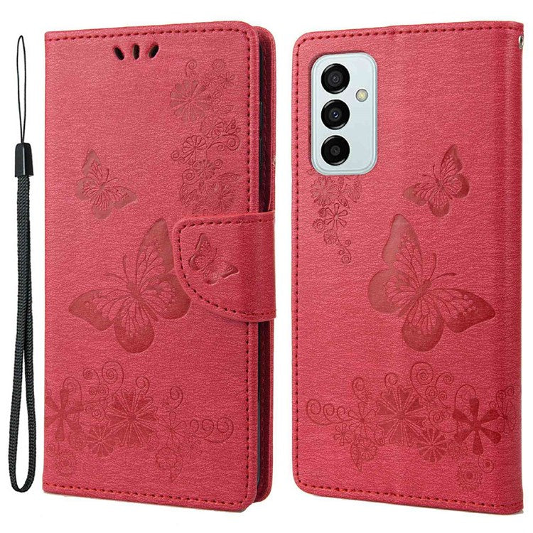 For Samsung Galaxy M23 5G/F23 5G PU Leather Butterfly Flower Imprinted Case Stand Wallet Design Protective Phone Cover - Red