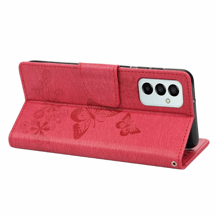 For Samsung Galaxy M23 5G/F23 5G PU Leather Butterfly Flower Imprinted Case Stand Wallet Design Protective Phone Cover - Red