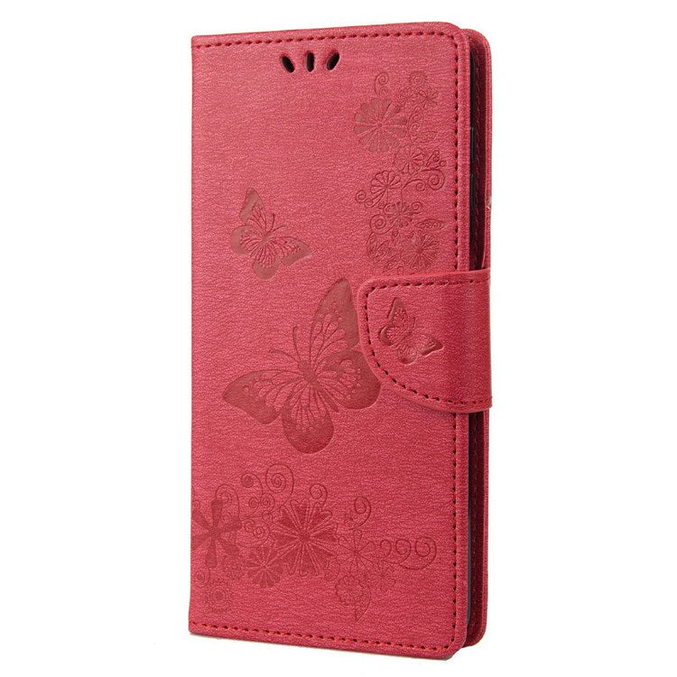For Samsung Galaxy M23 5G/F23 5G PU Leather Butterfly Flower Imprinted Case Stand Wallet Design Protective Phone Cover - Red