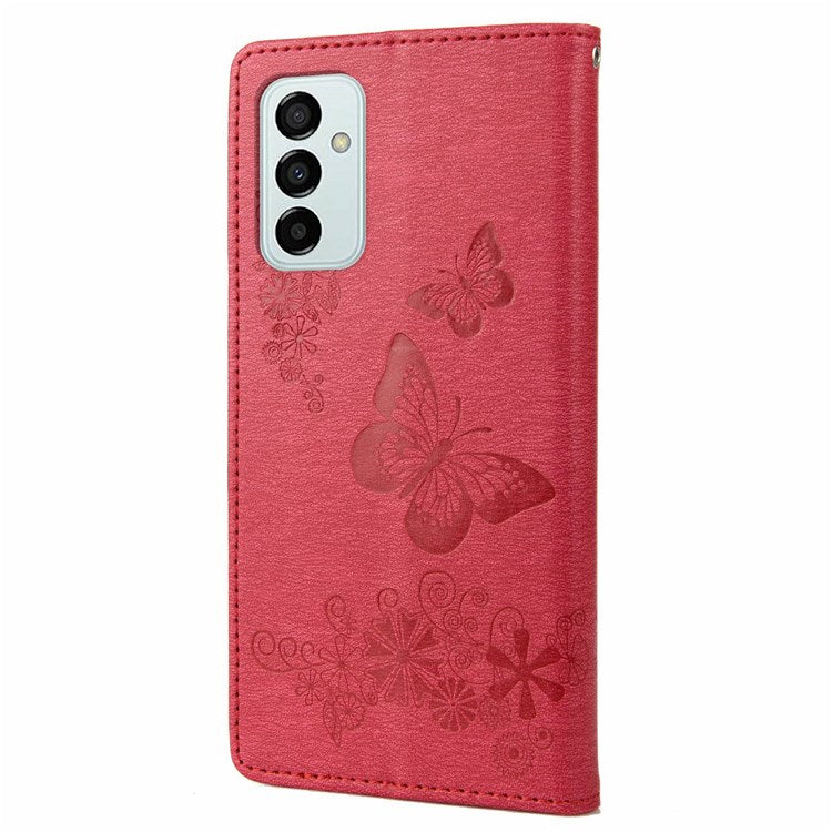 For Samsung Galaxy M23 5G/F23 5G PU Leather Butterfly Flower Imprinted Case Stand Wallet Design Protective Phone Cover - Red