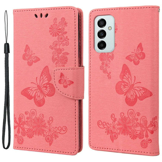 For Samsung Galaxy M23 5G/F23 5G PU Leather Butterfly Flower Imprinted Case Stand Wallet Design Protective Phone Cover - Pink