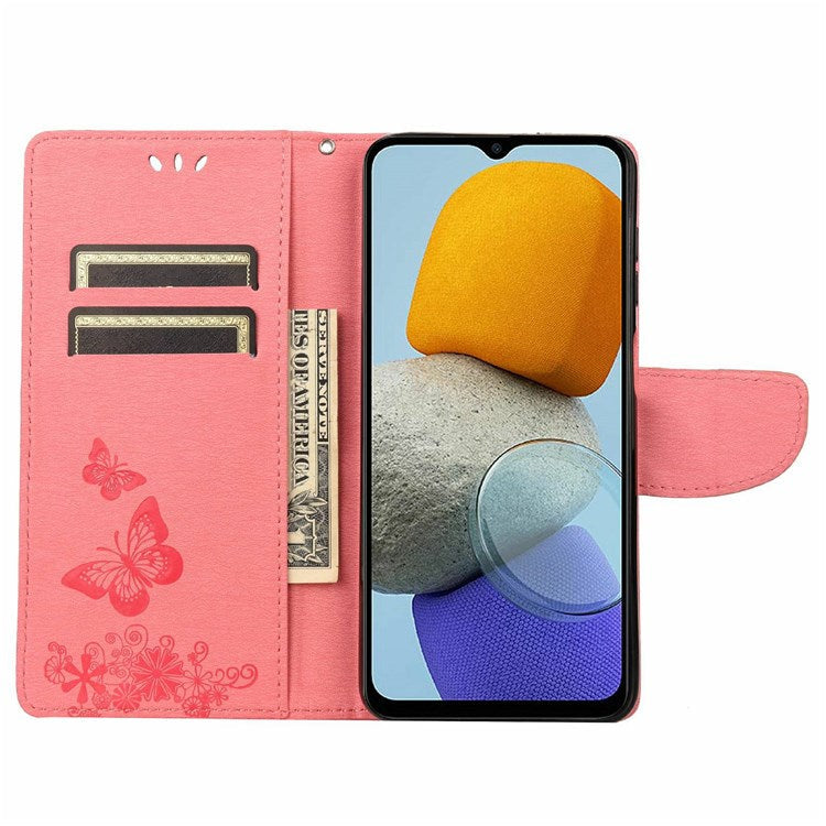 For Samsung Galaxy M23 5G/F23 5G PU Leather Butterfly Flower Imprinted Case Stand Wallet Design Protective Phone Cover - Pink