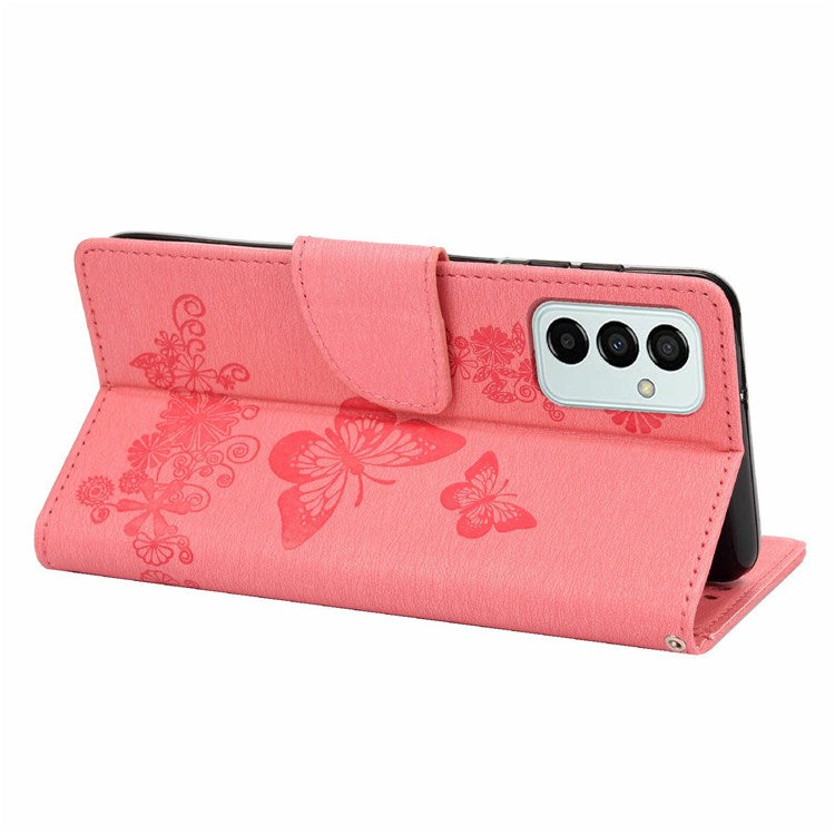 For Samsung Galaxy M23 5G/F23 5G PU Leather Butterfly Flower Imprinted Case Stand Wallet Design Protective Phone Cover - Pink