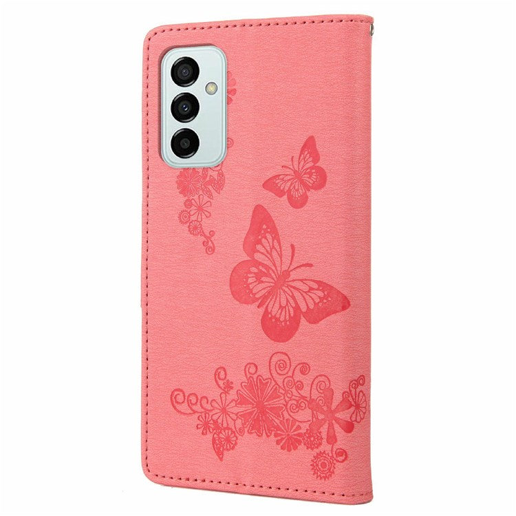 For Samsung Galaxy M23 5G/F23 5G PU Leather Butterfly Flower Imprinted Case Stand Wallet Design Protective Phone Cover - Pink