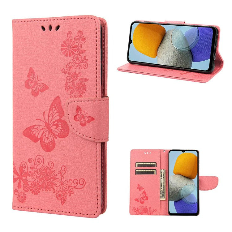 For Samsung Galaxy M23 5G/F23 5G PU Leather Butterfly Flower Imprinted Case Stand Wallet Design Protective Phone Cover - Pink