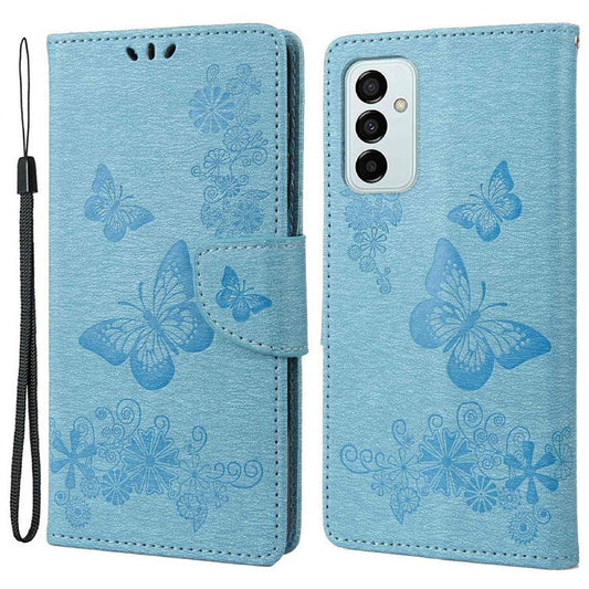 For Samsung Galaxy M23 5G/F23 5G PU Leather Butterfly Flower Imprinted Case Stand Wallet Design Protective Phone Cover - Blue