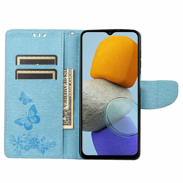 For Samsung Galaxy M23 5G/F23 5G PU Leather Butterfly Flower Imprinted Case Stand Wallet Design Protective Phone Cover - Blue