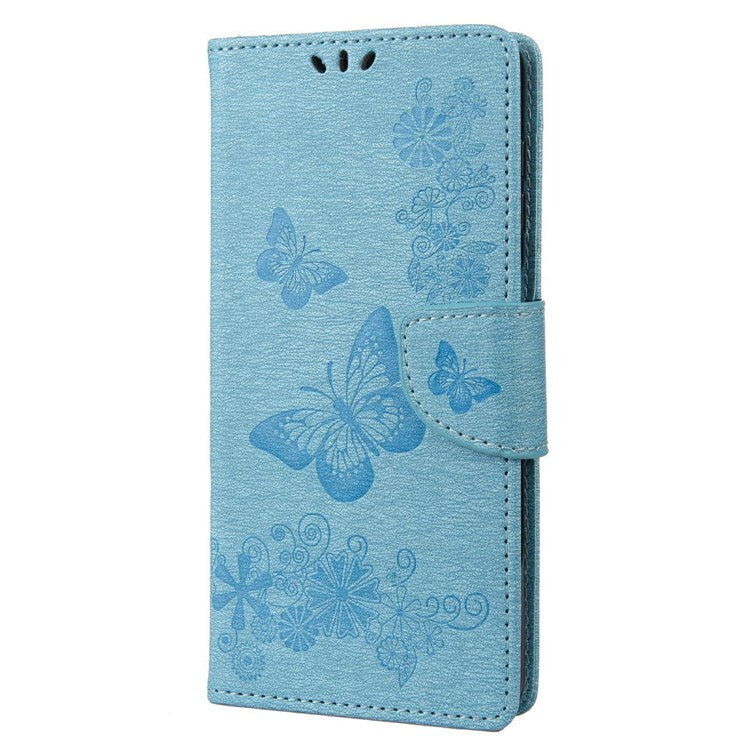 For Samsung Galaxy M23 5G/F23 5G PU Leather Butterfly Flower Imprinted Case Stand Wallet Design Protective Phone Cover - Blue