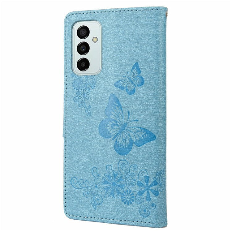 For Samsung Galaxy M23 5G/F23 5G PU Leather Butterfly Flower Imprinted Case Stand Wallet Design Protective Phone Cover - Blue