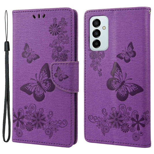 For Samsung Galaxy M23 5G/F23 5G PU Leather Butterfly Flower Imprinted Case Stand Wallet Design Protective Phone Cover - Purple