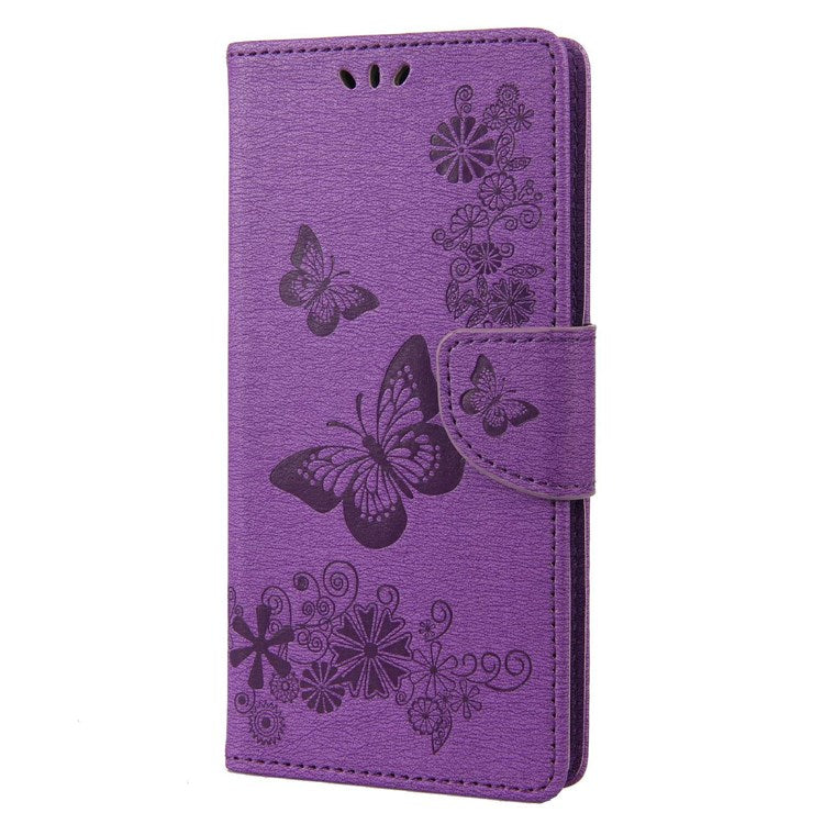 For Samsung Galaxy M23 5G/F23 5G PU Leather Butterfly Flower Imprinted Case Stand Wallet Design Protective Phone Cover - Purple