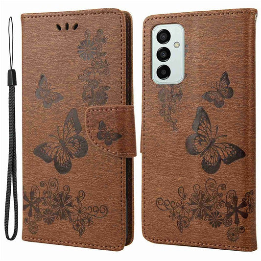 For Samsung Galaxy M23 5G/F23 5G PU Leather Butterfly Flower Imprinted Case Stand Wallet Design Protective Phone Cover - Brown