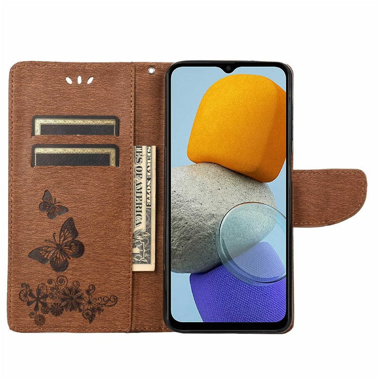 For Samsung Galaxy M23 5G/F23 5G PU Leather Butterfly Flower Imprinted Case Stand Wallet Design Protective Phone Cover - Brown