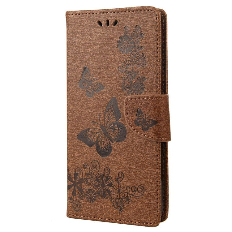 For Samsung Galaxy M23 5G/F23 5G PU Leather Butterfly Flower Imprinted Case Stand Wallet Design Protective Phone Cover - Brown