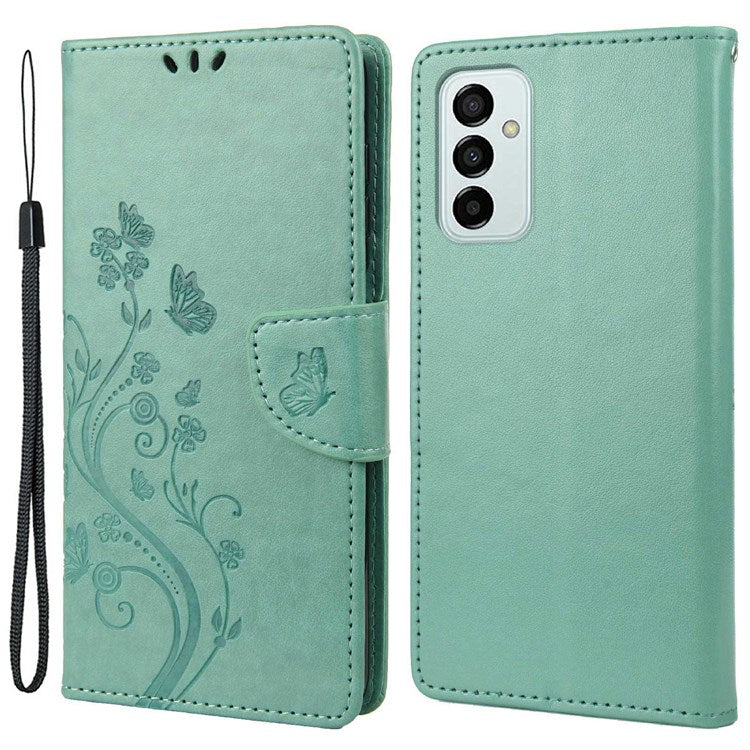 For Samsung Galaxy M23 5G/F23 5G PU Leather Butterfly Flower Imprinted Case Stand Wallet Design Protective Phone Cover - Green