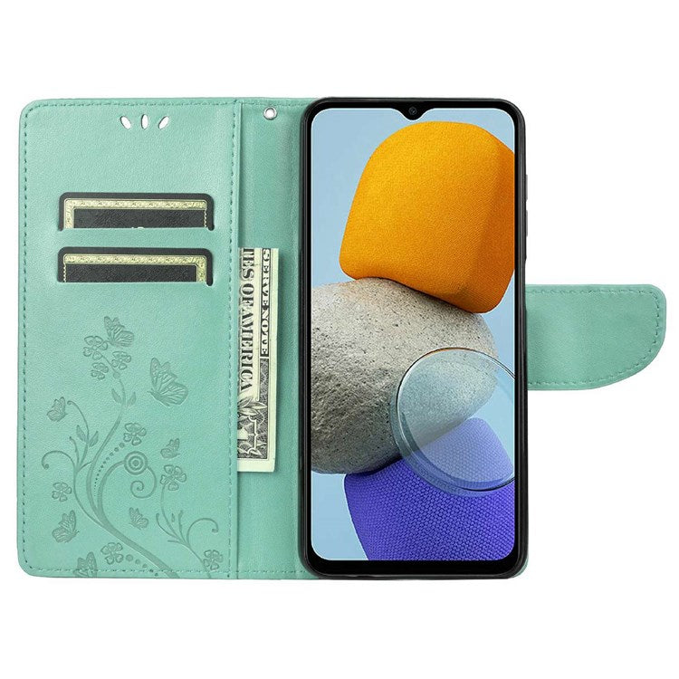 For Samsung Galaxy M23 5G/F23 5G PU Leather Butterfly Flower Imprinted Case Stand Wallet Design Protective Phone Cover - Green