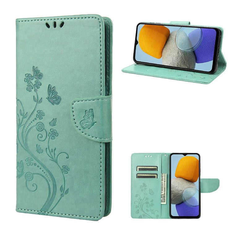 For Samsung Galaxy M23 5G/F23 5G PU Leather Butterfly Flower Imprinted Case Stand Wallet Design Protective Phone Cover - Green