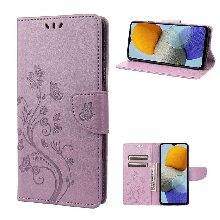 For Samsung Galaxy M23 5G/F23 5G PU Leather Butterfly Flower Imprinted Case Stand Wallet Design Protective Phone Cover - Light Purple