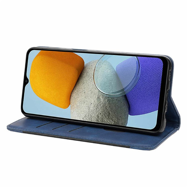 For Samsung Galaxy M23 5G/F23 5G Shockproof Phone Wallet Stand Cover Splicing Design PU Leather Anti-drop Case Shell - Blue