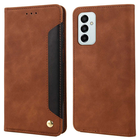 For Samsung Galaxy M23 5G/F23 5G Shockproof Phone Wallet Stand Cover Splicing Design PU Leather Anti-drop Case Shell - Brown