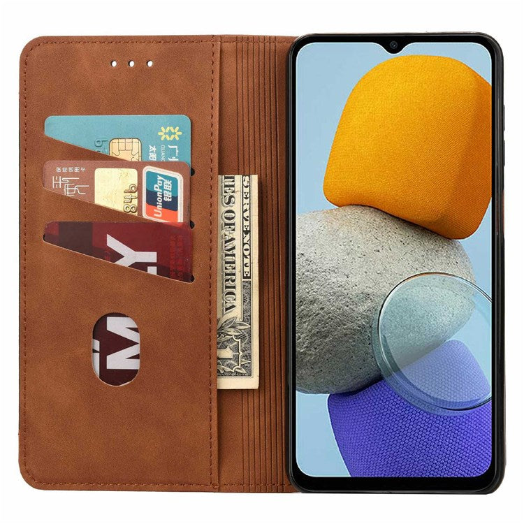 For Samsung Galaxy M23 5G/F23 5G Shockproof Phone Wallet Stand Cover Splicing Design PU Leather Anti-drop Case Shell - Brown
