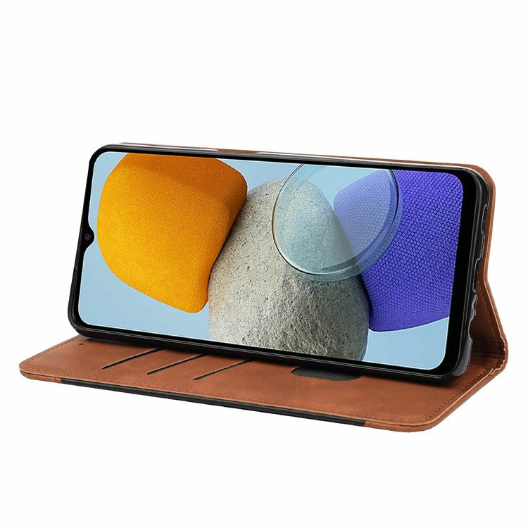 For Samsung Galaxy M23 5G/F23 5G Shockproof Phone Wallet Stand Cover Splicing Design PU Leather Anti-drop Case Shell - Brown