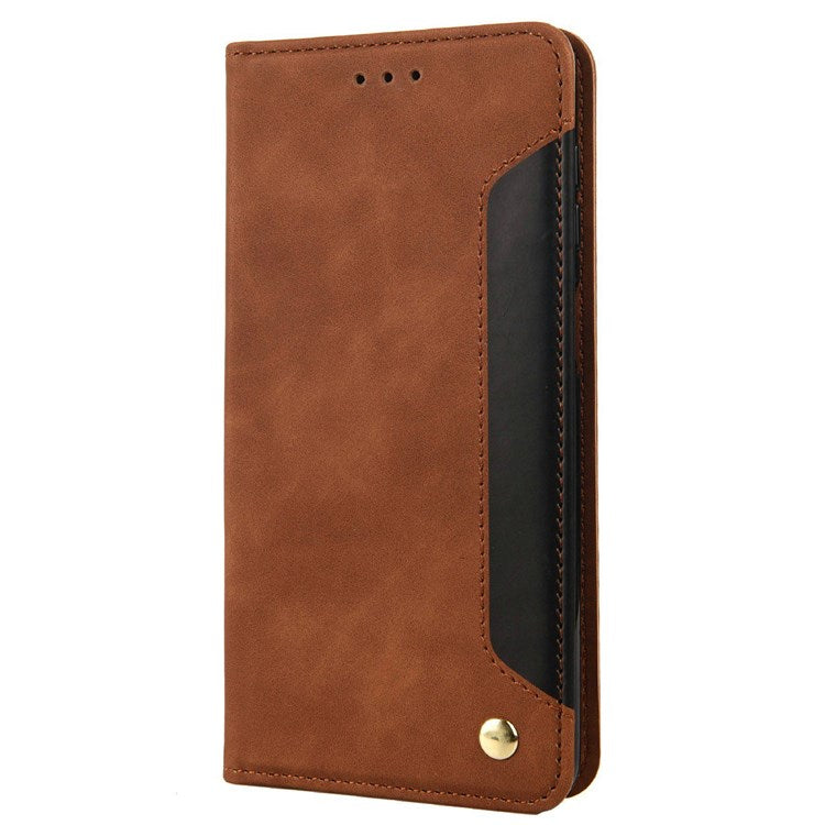 For Samsung Galaxy M23 5G/F23 5G Shockproof Phone Wallet Stand Cover Splicing Design PU Leather Anti-drop Case Shell - Brown