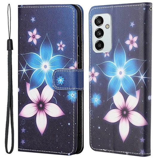 For Samsung Galaxy M23 5G/F23 5G Cross Texture Pattern Printing Stand Leather Phone Case Wallet Flip Cover with Strap - Blue Flowers