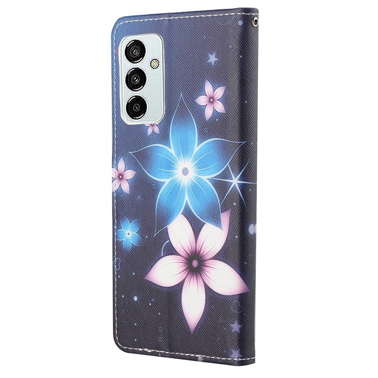 For Samsung Galaxy M23 5G/F23 5G Cross Texture Pattern Printing Stand Leather Phone Case Wallet Flip Cover with Strap - Blue Flowers