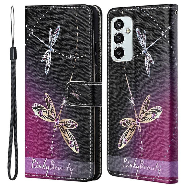 For Samsung Galaxy M23 5G/F23 5G Cross Texture Pattern Printing Stand Leather Phone Case Wallet Flip Cover with Strap - Dragonflies