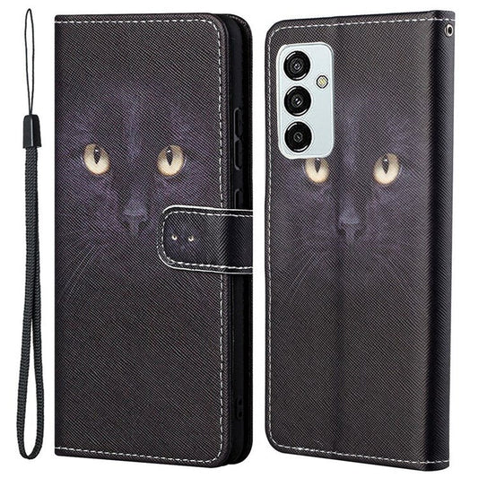 For Samsung Galaxy M23 5G/F23 5G Cross Texture Pattern Printing Stand Leather Phone Case Wallet Flip Cover with Strap - Cat's Eye