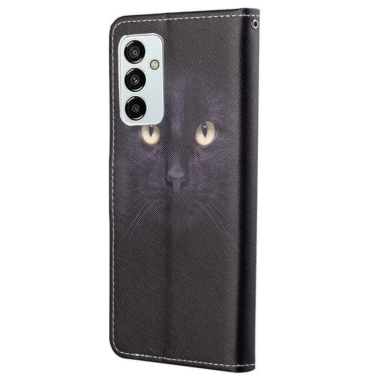 For Samsung Galaxy M23 5G/F23 5G Cross Texture Pattern Printing Stand Leather Phone Case Wallet Flip Cover with Strap - Cat's Eye