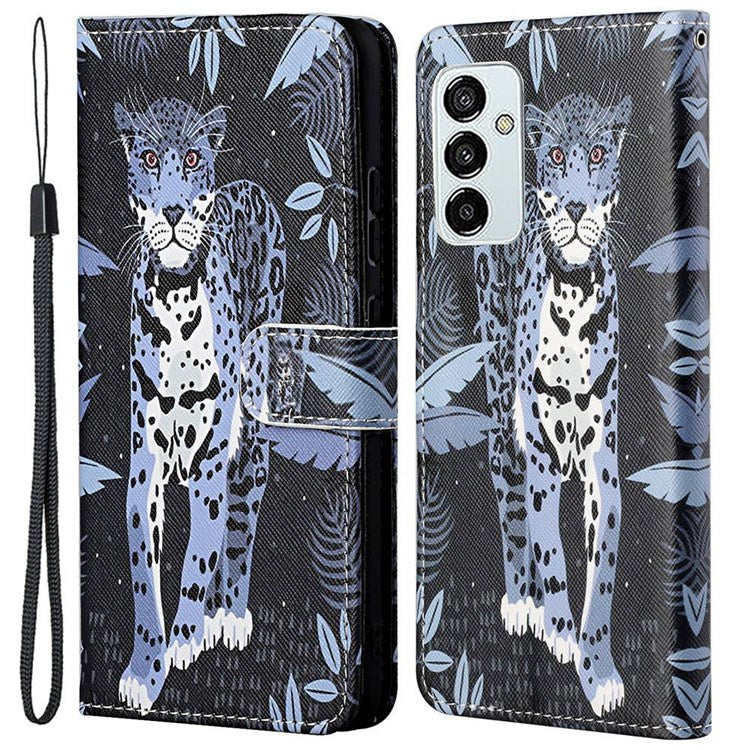 For Samsung Galaxy M23 5G/F23 5G Cross Texture Pattern Printing Stand Leather Phone Case Wallet Flip Cover with Strap - Leopard