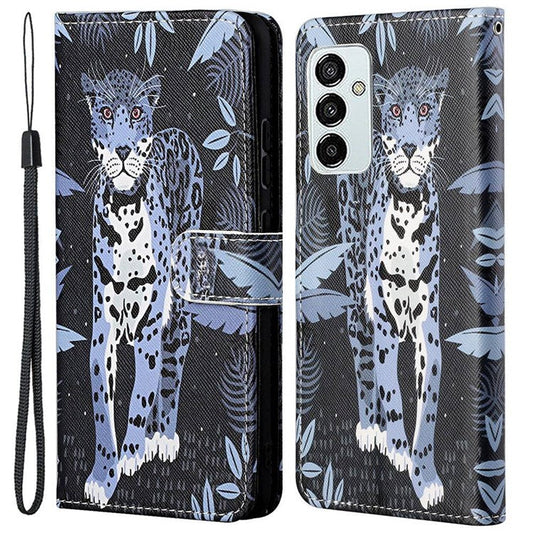 For Samsung Galaxy M23 5G/F23 5G Cross Texture Pattern Printing Stand Leather Phone Case Wallet Flip Cover with Strap - Leopard