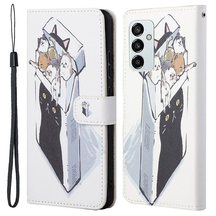 For Samsung Galaxy M23 5G/F23 5G Cross Texture Pattern Printing Stand Leather Phone Case Wallet Flip Cover with Strap - Cats Group