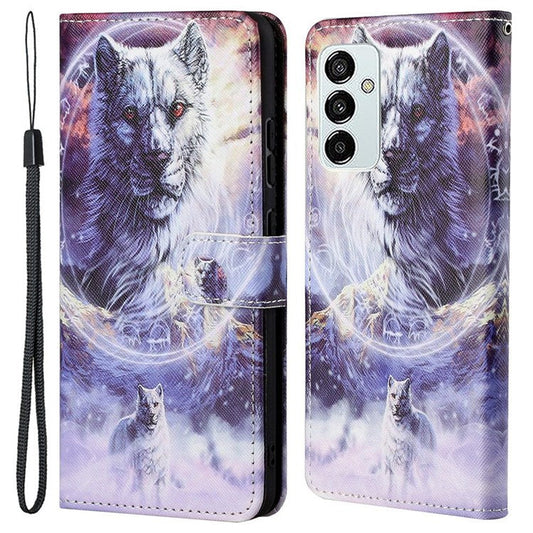 For Samsung Galaxy M23 5G/F23 5G Cross Texture Pattern Printing Stand Leather Phone Case Wallet Flip Cover with Strap - Snow Wolf