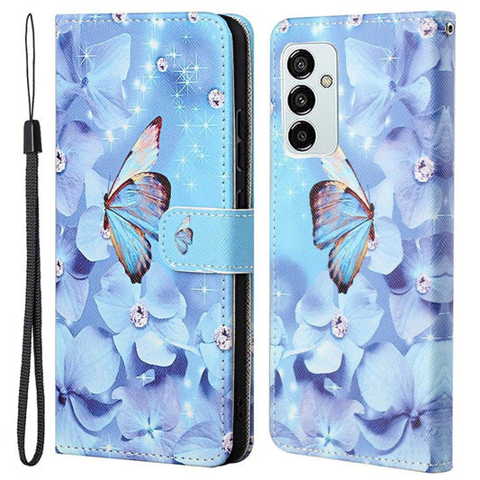 For Samsung Galaxy M23 5G/F23 5G Cross Texture Pattern Printing Stand Leather Phone Case Wallet Flip Cover with Strap - Butterfly and Flowers