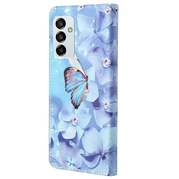 For Samsung Galaxy M23 5G/F23 5G Cross Texture Pattern Printing Stand Leather Phone Case Wallet Flip Cover with Strap - Butterfly and Flowers