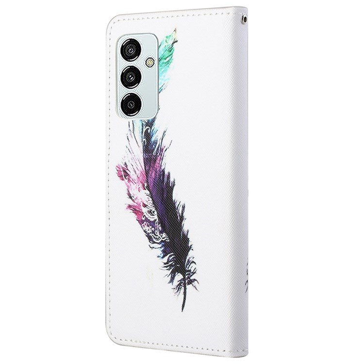 For Samsung Galaxy M23 5G/F23 5G Cross Texture Pattern Printing Stand Leather Phone Case Wallet Flip Cover with Strap - Feather