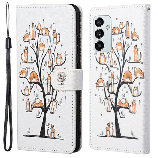 For Samsung Galaxy M23 5G/F23 5G Cross Texture Pattern Printing Stand Leather Phone Case Wallet Flip Cover with Strap - Cats on the Tree