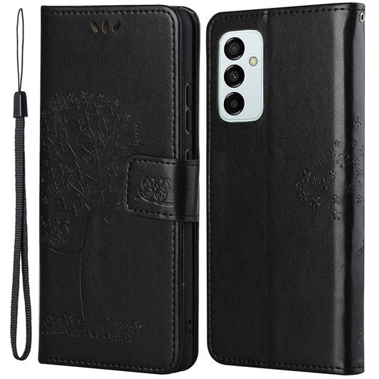 For Samsung Galaxy M23 5G/F23 5G PU Leather Imprinted Owl Tree Pattern Case Folding Stand Wallet Flip Cover with Strap - Black