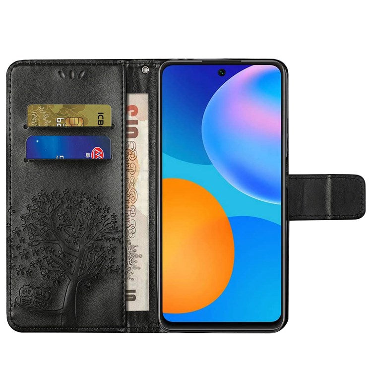 For Samsung Galaxy M23 5G/F23 5G PU Leather Imprinted Owl Tree Pattern Case Folding Stand Wallet Flip Cover with Strap - Black