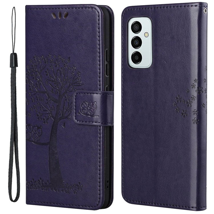 For Samsung Galaxy M23 5G/F23 5G PU Leather Imprinted Owl Tree Pattern Case Folding Stand Wallet Flip Cover with Strap - Dark Purple