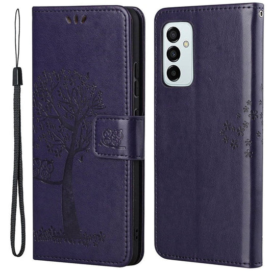 For Samsung Galaxy M23 5G/F23 5G PU Leather Imprinted Owl Tree Pattern Case Folding Stand Wallet Flip Cover with Strap - Dark Purple