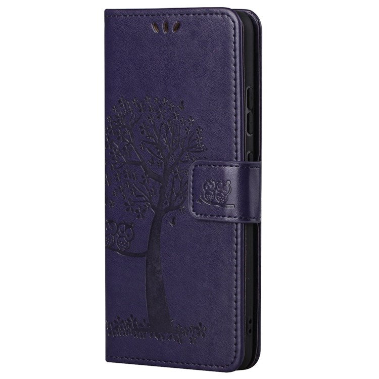 For Samsung Galaxy M23 5G/F23 5G PU Leather Imprinted Owl Tree Pattern Case Folding Stand Wallet Flip Cover with Strap - Dark Purple