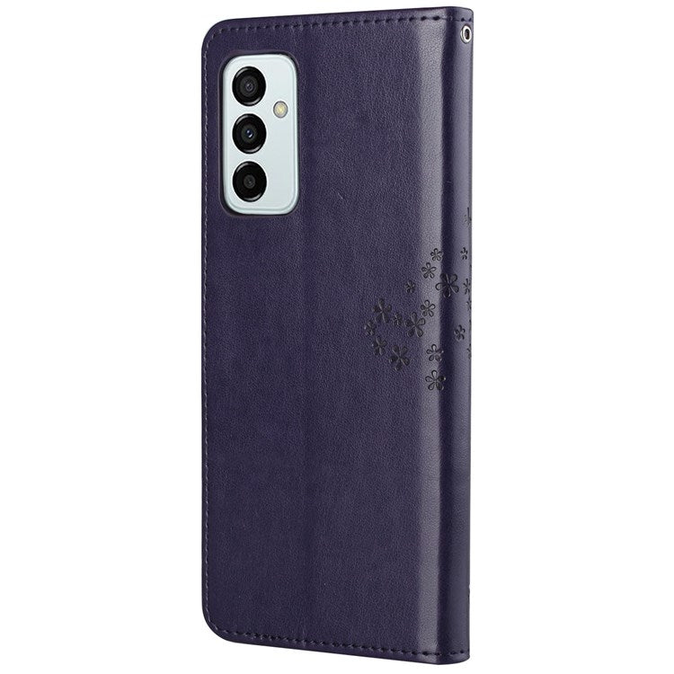 For Samsung Galaxy M23 5G/F23 5G PU Leather Imprinted Owl Tree Pattern Case Folding Stand Wallet Flip Cover with Strap - Dark Purple