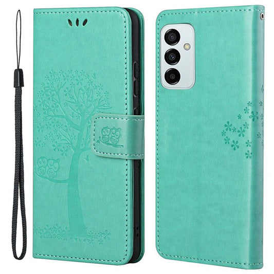 For Samsung Galaxy M23 5G/F23 5G PU Leather Imprinted Owl Tree Pattern Case Folding Stand Wallet Flip Cover with Strap - Green