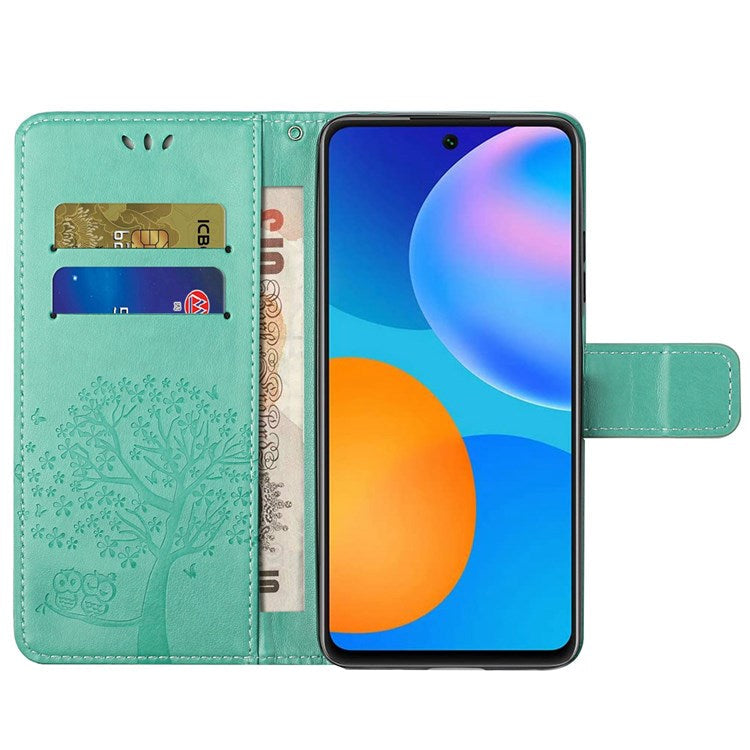 For Samsung Galaxy M23 5G/F23 5G PU Leather Imprinted Owl Tree Pattern Case Folding Stand Wallet Flip Cover with Strap - Green