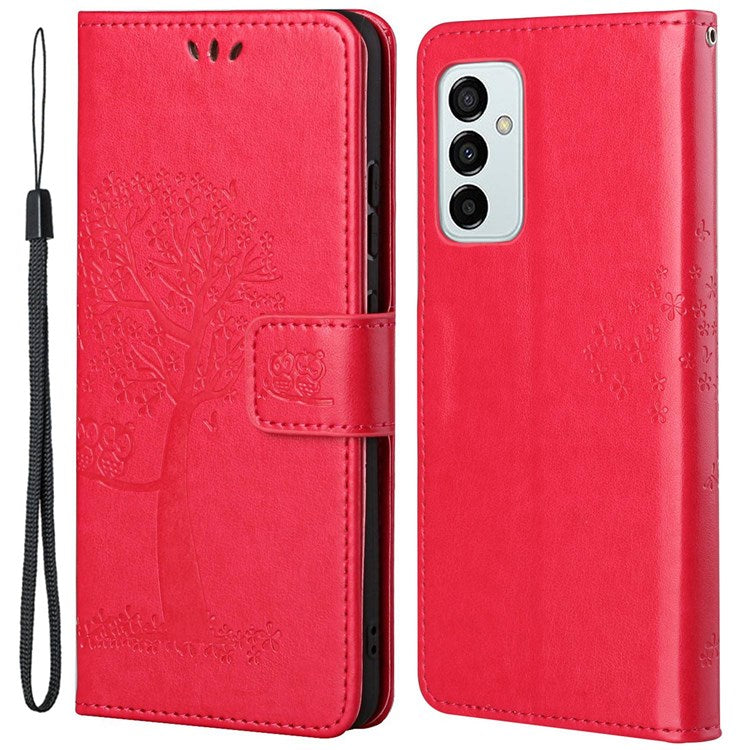 For Samsung Galaxy M23 5G/F23 5G PU Leather Imprinted Owl Tree Pattern Case Folding Stand Wallet Flip Cover with Strap - Red